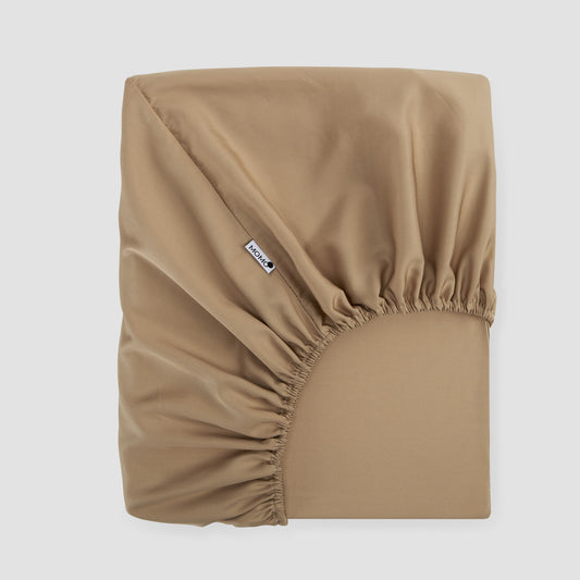 Hoeslaken Blauw beige bamboe by Momo Cotton – satijnweefsel 300 draden, zacht, ademend en duurzaam.