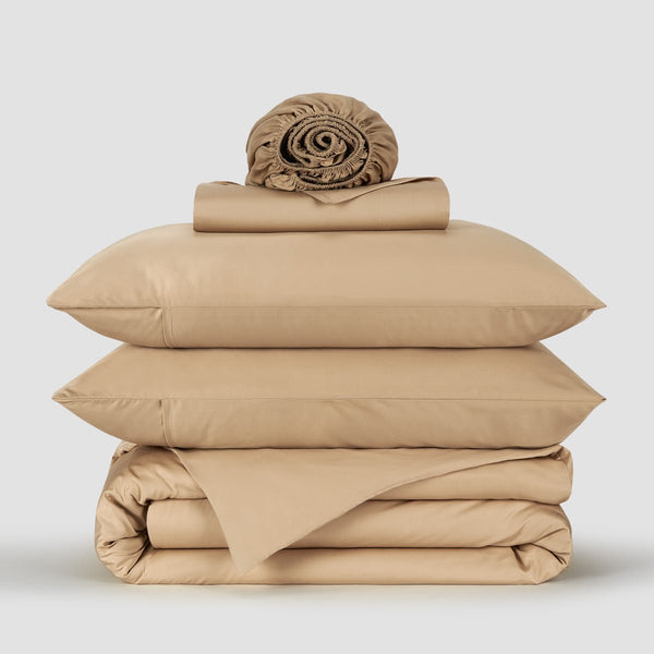 Ensemble de literie Bambou Beige Momo Cotton – satin 300 fils, doux, respirant et durable.