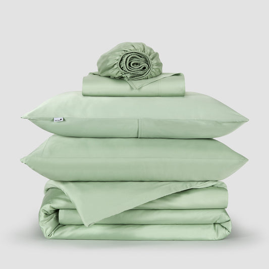 Dekbedovertrek-set beddengoed groen bamboe by Momo Cotton – satijnweefsel 300 draden, zacht, ademend en duurzaam.
