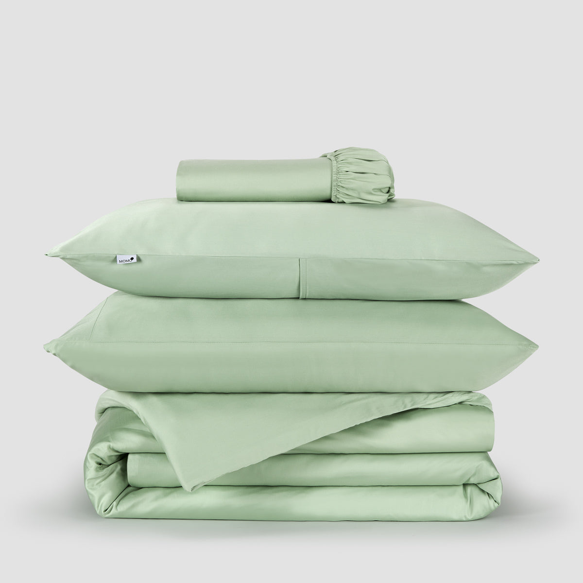 Jogo Capa de Edredão roupa de cama verde bambu by Momo Cotton – tecido de cetim 300 fios, suave, respirável e sustentável.