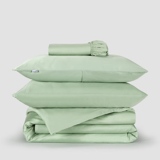 Dekbedovertrek-set beddengoed groen bamboe by Momo Cotton – satijnweefsel 300 draden, zacht, ademend en duurzaam.