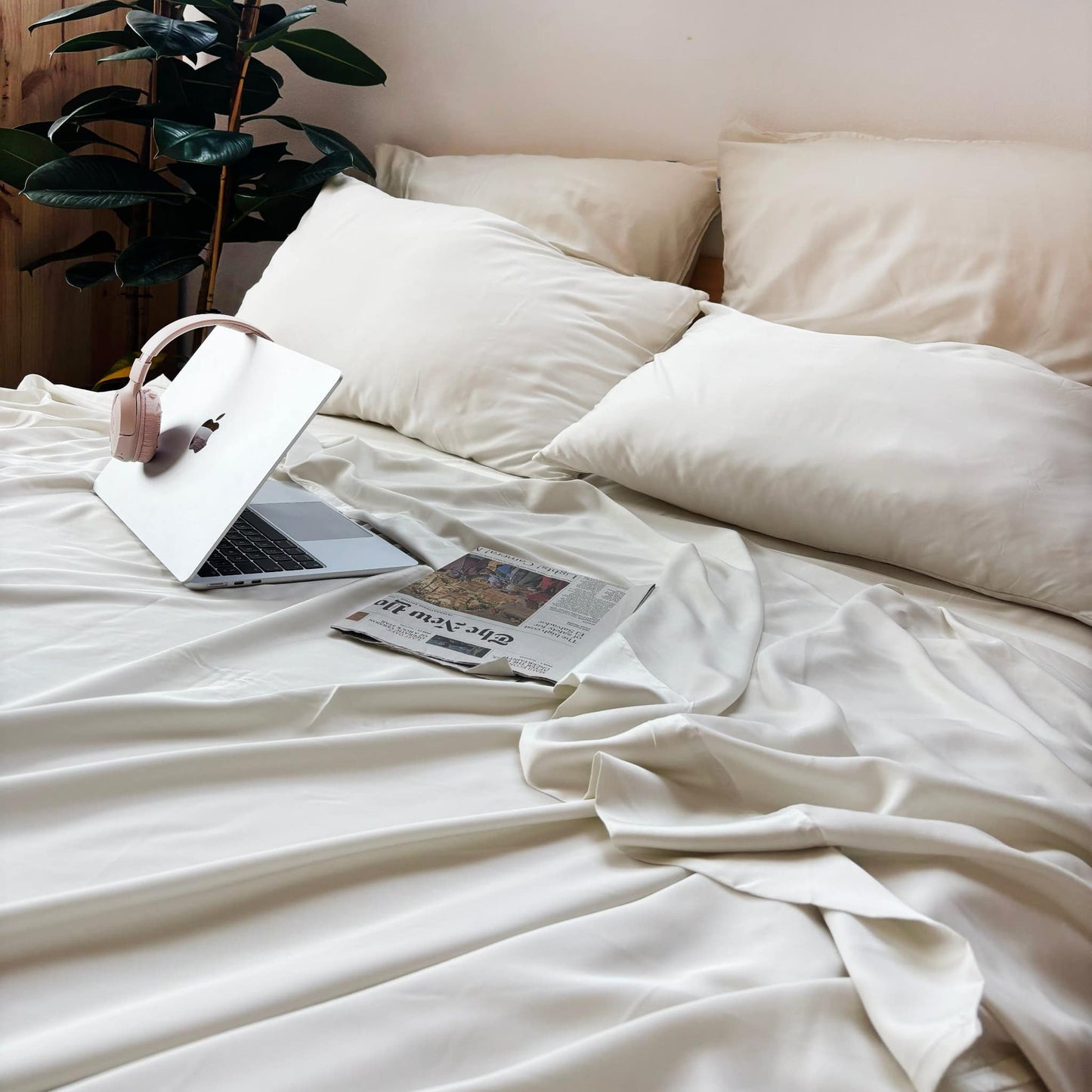 Beige bamboe bovenlaken-set – sheets and kussensloops, zacht, ademend en duurzaam beddengoed