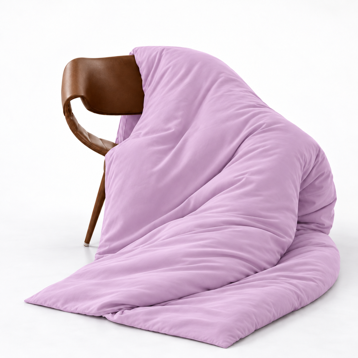 Pink satin bamboo duvet cover displayed on brown chair with gentle wave pattern