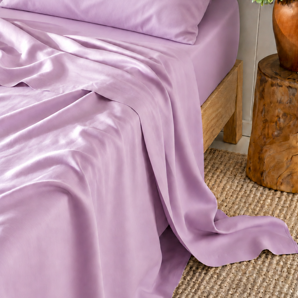 Pink bamboo sateen top sheet 300 thread count on wooden bed with pillow and décor